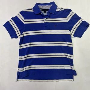 Tommy Hilfiger Men's M Polo Shirt White Blue Stripe Knit Short Sleeve 1/4 Button